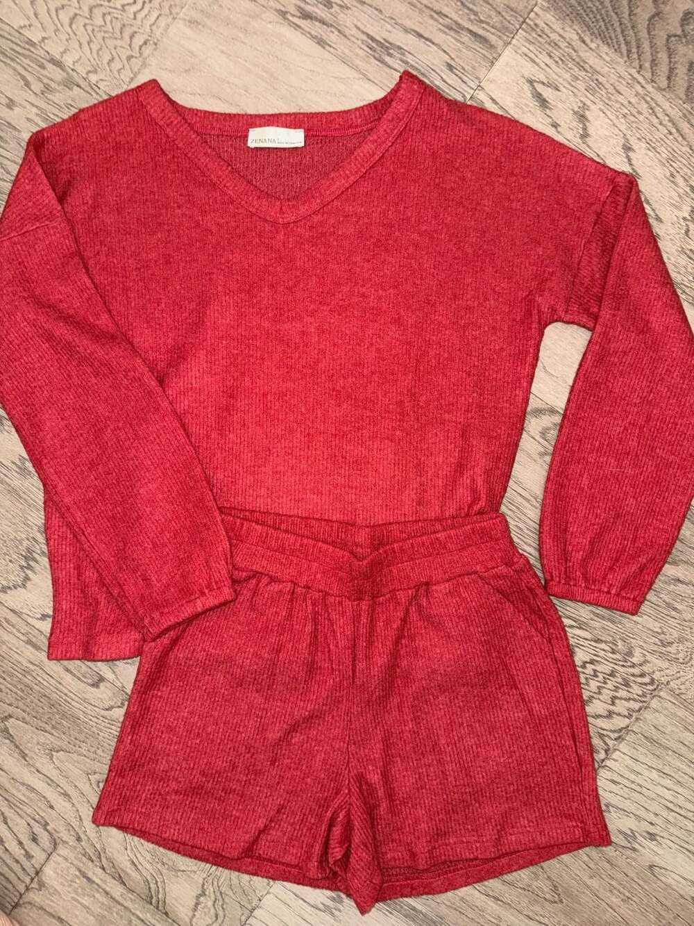 Zenana V-Neck Long Sleeve Ribbed Top and Shorts Set Red Size S